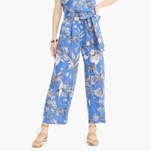 J. Crew Italian linen wide leg cropped tropical print pants blue 4